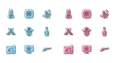 Korsan hazine haritası... Kafatası... Vintage tabanca... Kaptan Alkol... çaprazlanmış korsan kılıcı... ve Rüzgar gülü ikonu. Vektör.