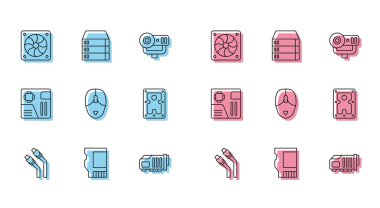 HDD Anakart Dijital Çip ve Sunucu Veri Sunucusu Web Sunucu simgesi LAN kablo ağı SD kart Bilgisayar grafikli fare sabit diskini ayarla. Vektör.