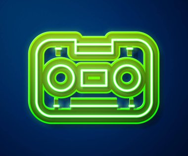 Parlayan neon hattı Retro ses kaset simgesi mavi arkaplanda izole edildi. Vektör.