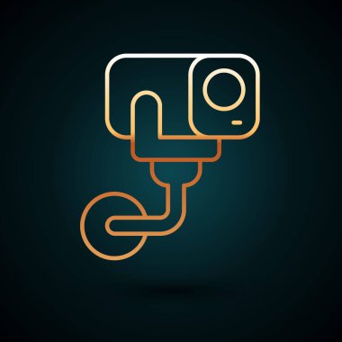 Altın çizgili kamera ikonu koyu mavi arkaplanda izole edilmiş. Vektör.