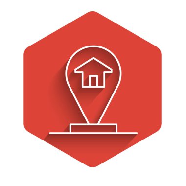 Beyaz çizgi harita işaretçisi, uzun gölge arkaplan ile izole edilmiş ev simgesi. Ev konumu belirleyici sembol. Kırmızı altıgen düğmesi. Vektör.