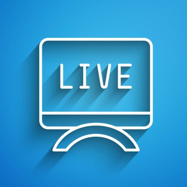 Beyaz çizgi canlı haber simgesi mavi arkaplanda izole edildi. Canlı haberler, sıcak haberler. Uzun gölge. Vektör.