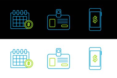 Dolar sembollü Akıllı Telefon ve Finansal Takvim ve Kimlik rozeti simgesi ayarla. Vektör.