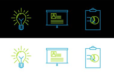 Grafik grafiği çizelgesi ile çizgi panosunu ayarlayın. Ampul ışınları parlıyor ve fikir ve tahta ikonu konsepti devam ediyor. Vektör.