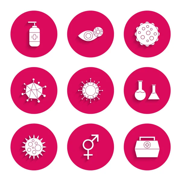 stock vector Set Virus Gender First aid kit Test tube and flask and Bottle of liquid antibacterial soap icon. Vector.