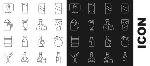 设置系列葡萄酒瓶装杜松子酒鸡尾酒杯啤酒可以鸡尾酒木桶酒或酒吧位置威士忌和玻璃杯图标 — 图库矢量图片