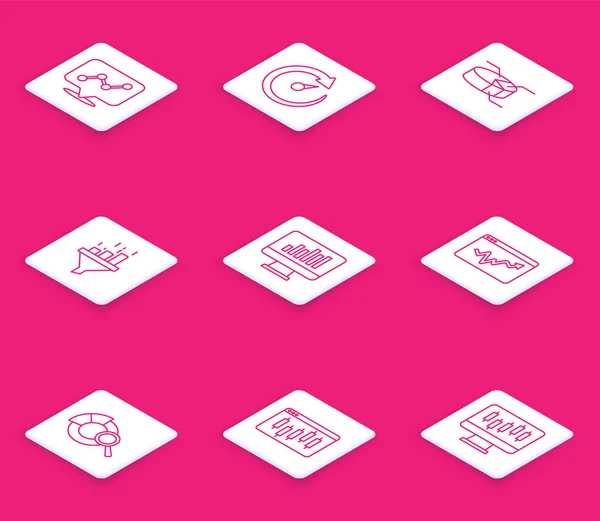 stock vector Set line Graph chart infographic Digital speed meter Pie Sales funnel with Monitor Search data analysis and Browser stocks market icon. Vector.