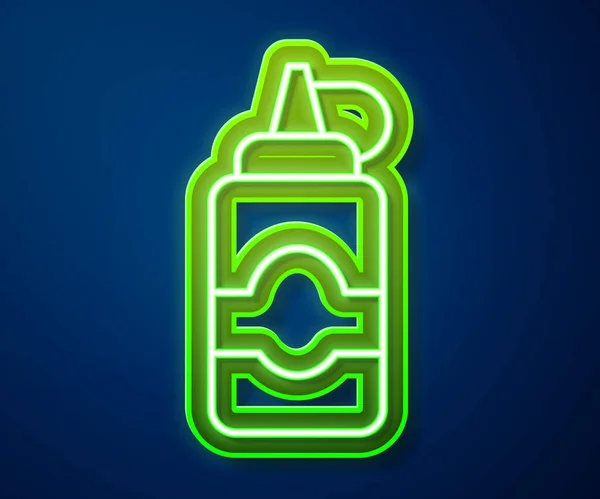 Leuchtende Neon Linie Sauce Flasche Symbol Isoliert Auf Blauem Hintergrund — Stockvektor