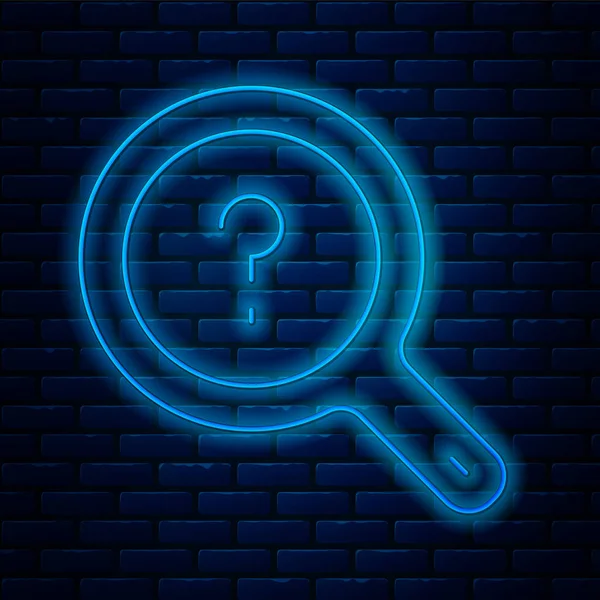 Glowing Neon Line Unknown Search Icon Isolated Brick Wall Background — Vetor de Stock