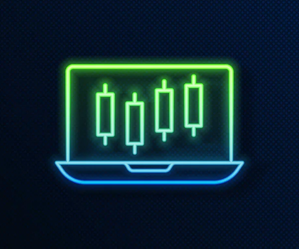 Glowing Neon Line Laptop Stocks Market Growth Graphs Money Icon — Image vectorielle
