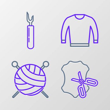 Çizgili makas ve deri iplik topu örgü iğneleri, kazak ve kesici alet ikonu. Vektör.