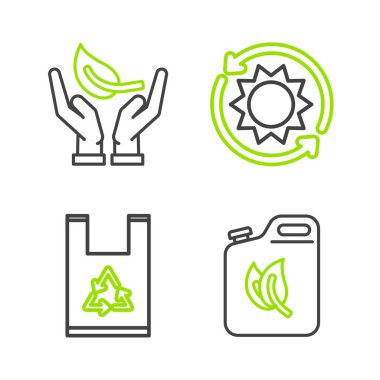 Biyolojik yakıt kapsülü plastik torbasını geri dönüşüm güneş enerjisi paneli ve filizle çevreci koruma ikonu ile donatın. Vektör.