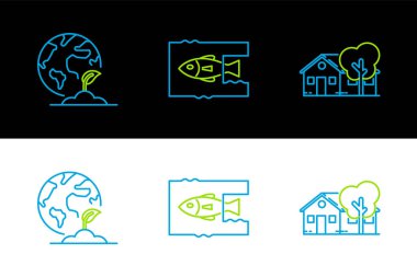 Çevre dostu ev, Dünya küre ve bitki ve okyanus plastik kirliliği ikonunu oluşturun. Vektör.