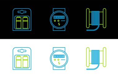 Elektrik kablosunu makaraya ya da bataryayı pakete ya da elektrik sayacı simgesine ayarla. Vektör.