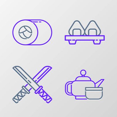 Geleneksel Japon çay seremonisi geleneksel Katana Sushi kesim tahtası ve ikonu. Vektör.