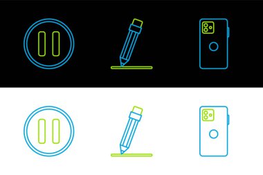Smartphone cep telefonu duraklat düğmesini ve silgi simgesi olan kalem satırını ayarla. Vektör.