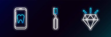 Elmas dişler çevrimiçi diş bakımı ve diş fırçası ikonu. Parlayan neon. Vektör.