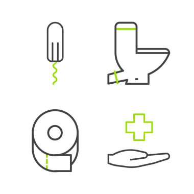 Cross Cross hastanesi tıbbi tuvalet kağıdı rulo kase ve hijyenik tampon ikonu hazırla. Vektör.