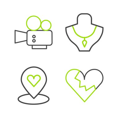 Kırık Kalp ya da Boşanma Yeri 'ni, kolye mankeni ve sinema kamerası ikonu ile ayarla. Vektör.