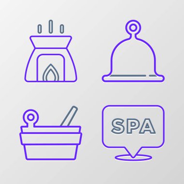 Spa Salonu Sauna Kovası, kepçe şapka ve Aroma mum ikonu. Vektör.