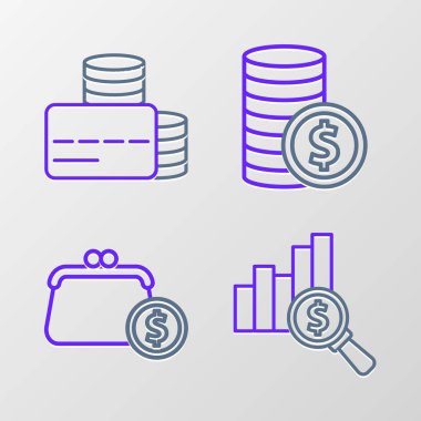 Hat çizelgesi ve bozuk para ve kredi kartı ikonu olan bir dolar cüzdanı ayarla. Vektör.