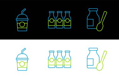 Şişede yoğurt, milkshake ve süt ikonuyla şişe içmek. Vektör.