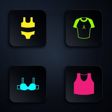 Undershirt Mayolu Sütyen ve Tişört ayarla. Siyah kare düğme. Vektör.