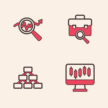 Borsa büyüme grafiklerini ayarla Arama veri analizi iş araması ve hiyerarşi organogram simgesi. Vektör.