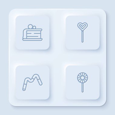 Hattı belirle. Pasta, lolipop, jelibon ve şeker. Beyaz kare düğme. Vektör.