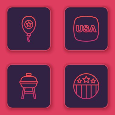 Balonlar, Barbekü Izgarası, ABD Bağımsızlık Günü ve Yıldızlı Madalya. Mavi kare düğme. Vektör.