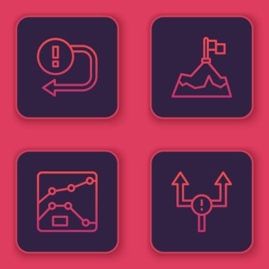 Arrow, Graph, grafik, diyagram, bayrak ve dağları ayarlayın. Mavi kare düğme. Vektör.