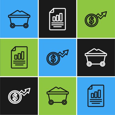 Kömür madeni tramvayı Finansal büyüme doları ve grafik çizelgesi ikonlu belge ayarla. Vektör.