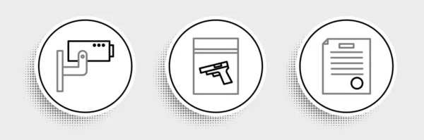 Установить Линию Ордер Арест Камера Безопасности Сумка Уликами Пистолет Значок — стоковый вектор