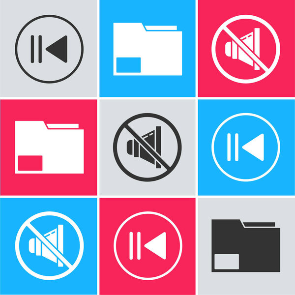 Set Rewind, Document folder and Speaker mute icon. Vector.