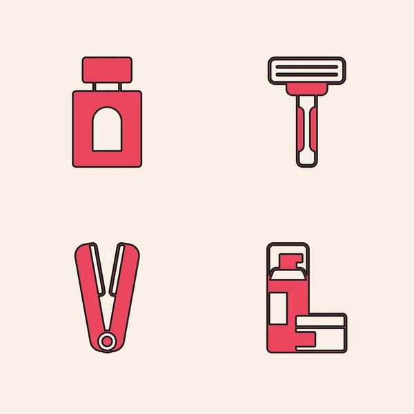 Set Shaving Gel Foam Aftershave Razor Curling Iron Hair Icon — Stock Vector