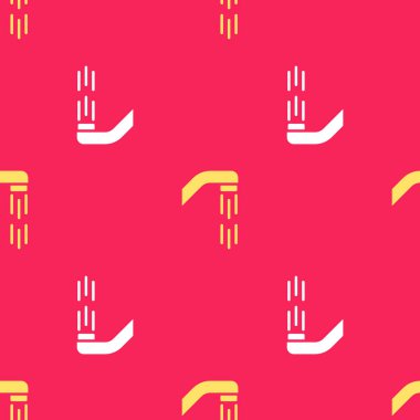 Su damlaları akan sarı duş başlığı kırmızı arka planda izole edilmiş bir ikon. Vektör.