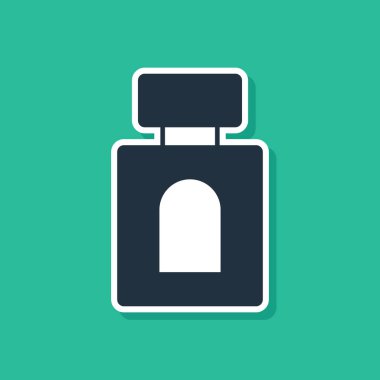 Mavi tıraş losyonu ikonu yeşil arkaplanda izole edilmiş. Parfüm spreyi ikonu. Erkek parfüm şişesi. Vektör.