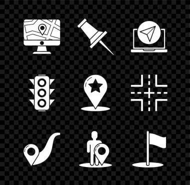 Monitörü ve katlanmış haritayı şehir navigasyon rotası silueti işaretleyicisi bayrak trafik ışığı ve işaretleyici yıldız simgesinin lokasyonu Push pin Infographic ile ayarla. Vektör.