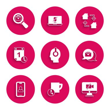 Freelancer Zaman Yönetimi Video Kamerasını online sohbet konferansına ve evrak çantası ikonlu büyüteçlere ayarlayın. Vektör.