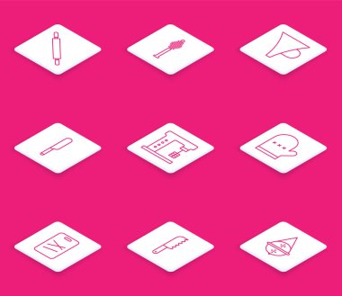 Yuvarlanan raptiye çubuğu hunisi ya da filtre bıçağı elektrikli fırın eldiveni kesme tahtası ve ekmek bıçağı ikonu. Vektör.