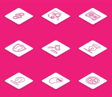 Kelepçe Belgesi 'ni Güvenli Kullanıcı koruması Yargıç Gavin Fountain kalem ucu haritası silueti ve baş hukuk simgesi ile ayarla. Vektör.