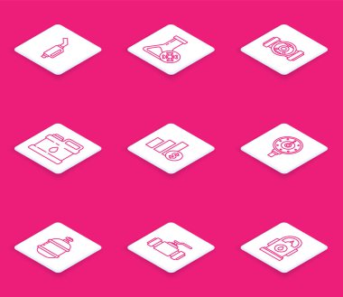 Benzin pompası, antifriz test tüpü, endüstriyel metalik borular ve motor yağı, turta grafiği, motor yağı, motor gazı göstergesi, propan tankı ve ikon için kapak tüpü ayarlayın. Vektör.