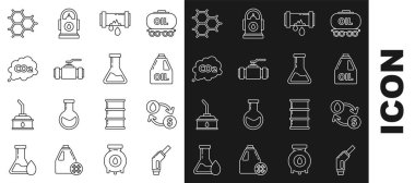 Benzin pompası hortumunu ayarla Endüstri metalik boruları sızdıran kırık metal boru ve karbondioksit emisyon formülü benzen halkaları ve test tüpü ikonu içeren kimyasal formül. Vektör.
