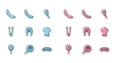 Kızartma tavası bifteği, kızarmış sosisli biftek, aşçı şapkası, et maşası ve ikon. Vektör.