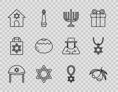 Yahudi kippah zeytin dalları, David Sinagogu 'nun Hanuka menorah yıldızı. Zincirli ve ikonlu fırın kolyesi. Vektör.