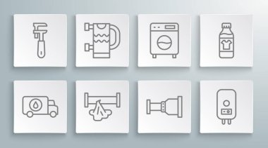 Hattı ayarla. Havlu korkuluğu ısıtmalı. Boru adaptörü, elektrikli kazan şişesi, temizleme aracı ve ayarlanabilir anahtar ikonu. Vektör.