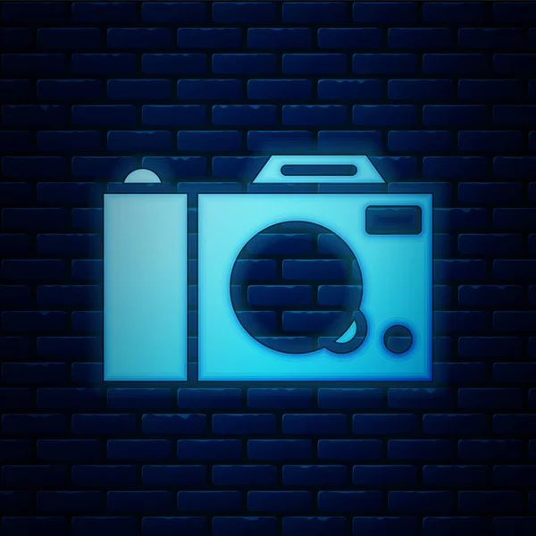 Светящийся Неоновый Значок Фотокамеры Изолирован Фоне Кирпичной Стены Значок Фотокамеры — стоковый вектор