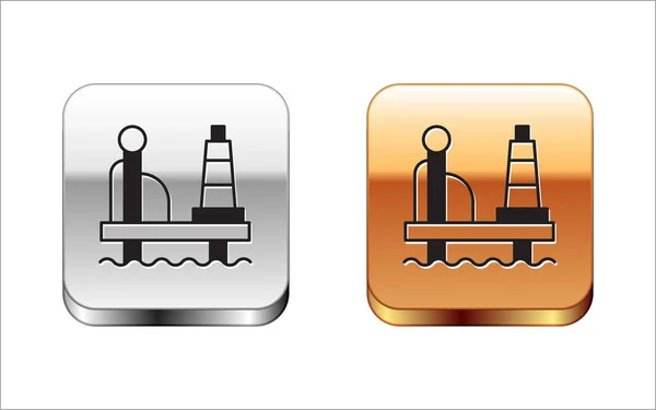 海中的黑色石油平台图标孤立在白色背景上 海上钻机 石油平台 天然气燃料 工业离岸 银和金正方形按钮 — 图库矢量图片