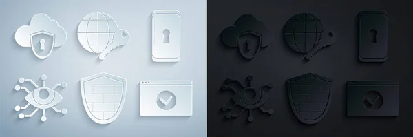 Set Shield Con Muro Mattoni Sicurezza Informatica Blocco Smartphone Scansione — Vettoriale Stock