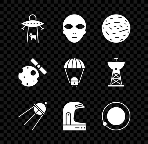 设置不明飞行物绑架奶牛异形行星金星卫星宇航员头盔卫星环绕地球和太空飞船和降落伞图标 — 图库矢量图片
